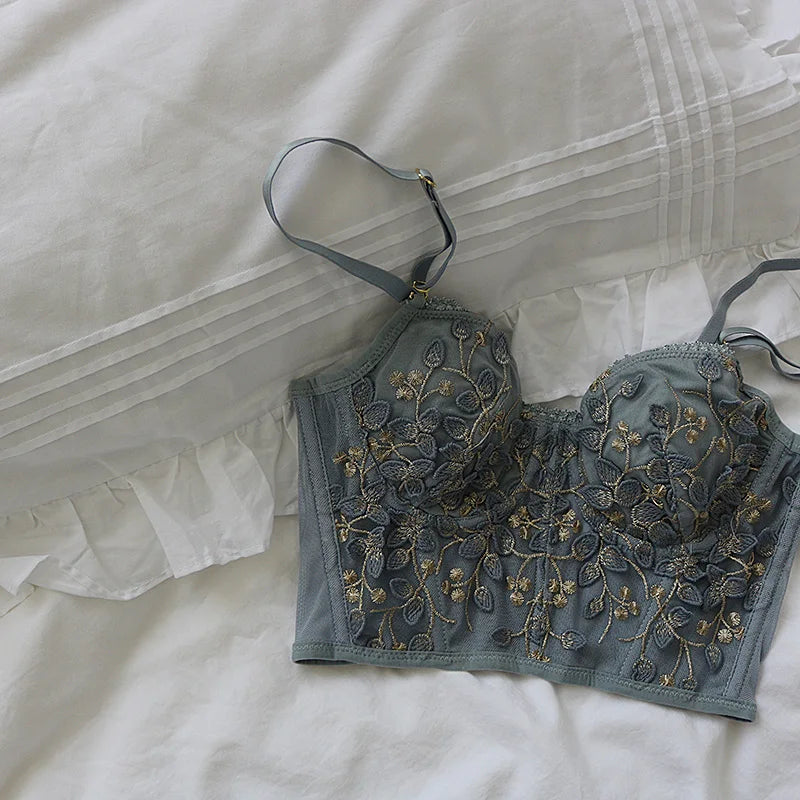 Three-dimensional embroidered bra sexy lace fish bone corset widened breasted with steel ring 2/1 half cup bralette underwear