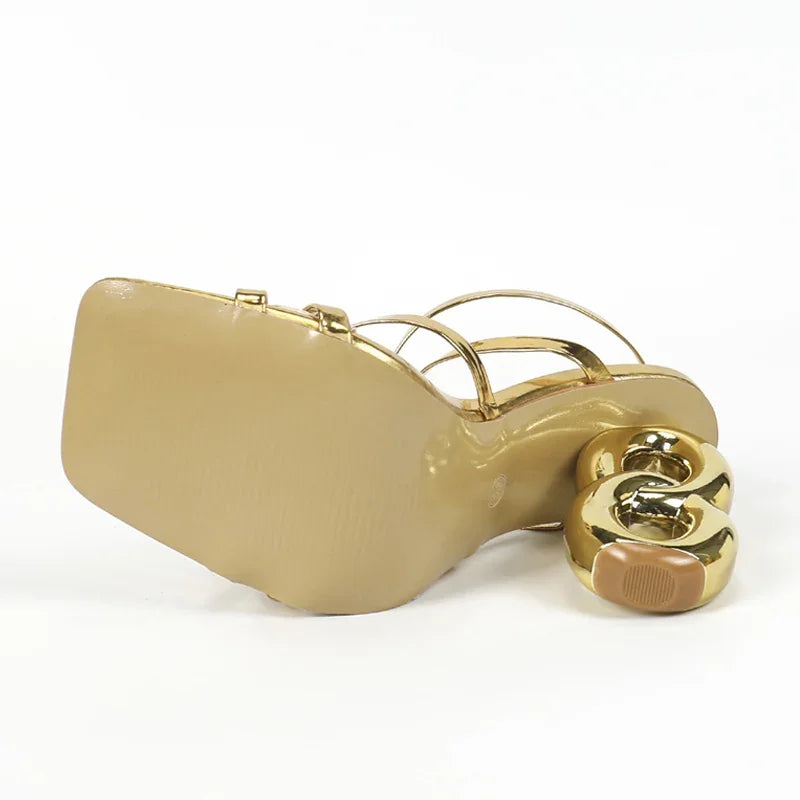 Eilyken Fashion Golden Narrow Band Square Toe Women's Sandals Designer Fretwork High Heels Ankle Buckle Strap Ladies Shoes