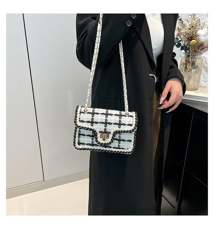 Black & White Plaid Casual Shoulder Bag Crossbody Handbag Women's Shoulder Bags Handbags With Top Handle Fashion Square Bag