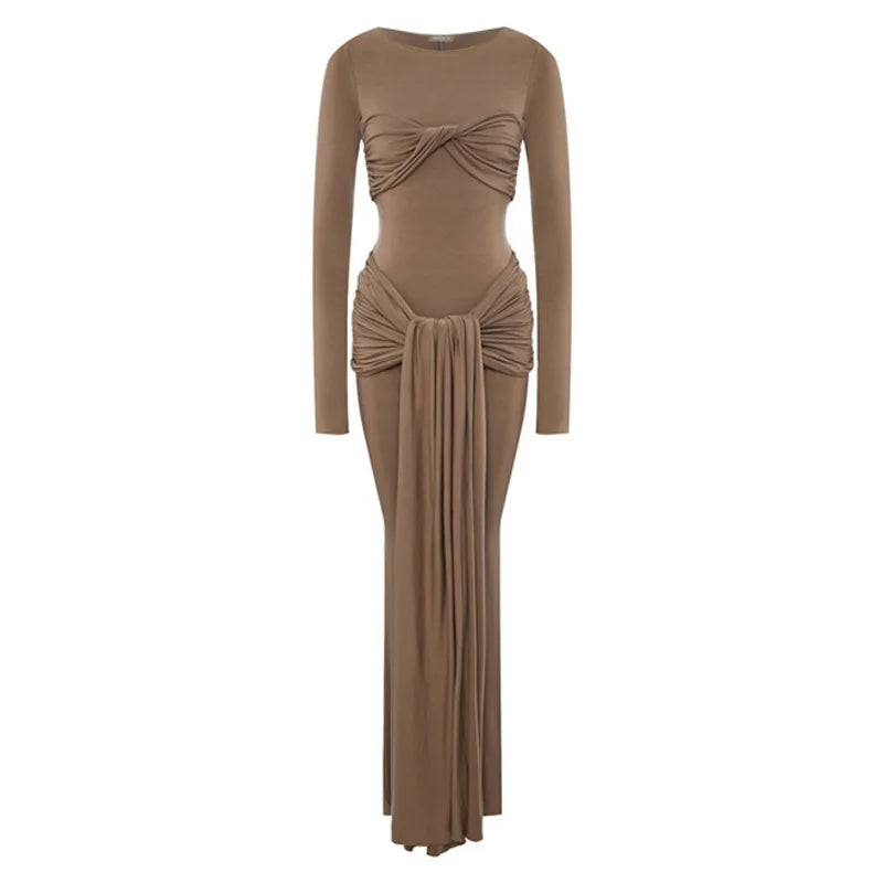 Tossy Female Pleated Sexy Maxi Dress Patchwork Twist Slim Long Sleeve Solid Y2k Autumn Streetwear Dress Women's Bodycon Dress