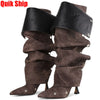 GIGIFOX Knee High Fold Over Boots For Women Stiletto High Heels Pointed Toe Back Zipper Shoes Adjustable Buckle Mid-calf Boots