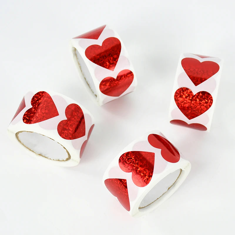 300Pcs/roll Sparkle Heart Stickers Red Love Scrapbooking Adhesive Sticker for Valentines Day Wedding Gift Box Bag Decoration 1''