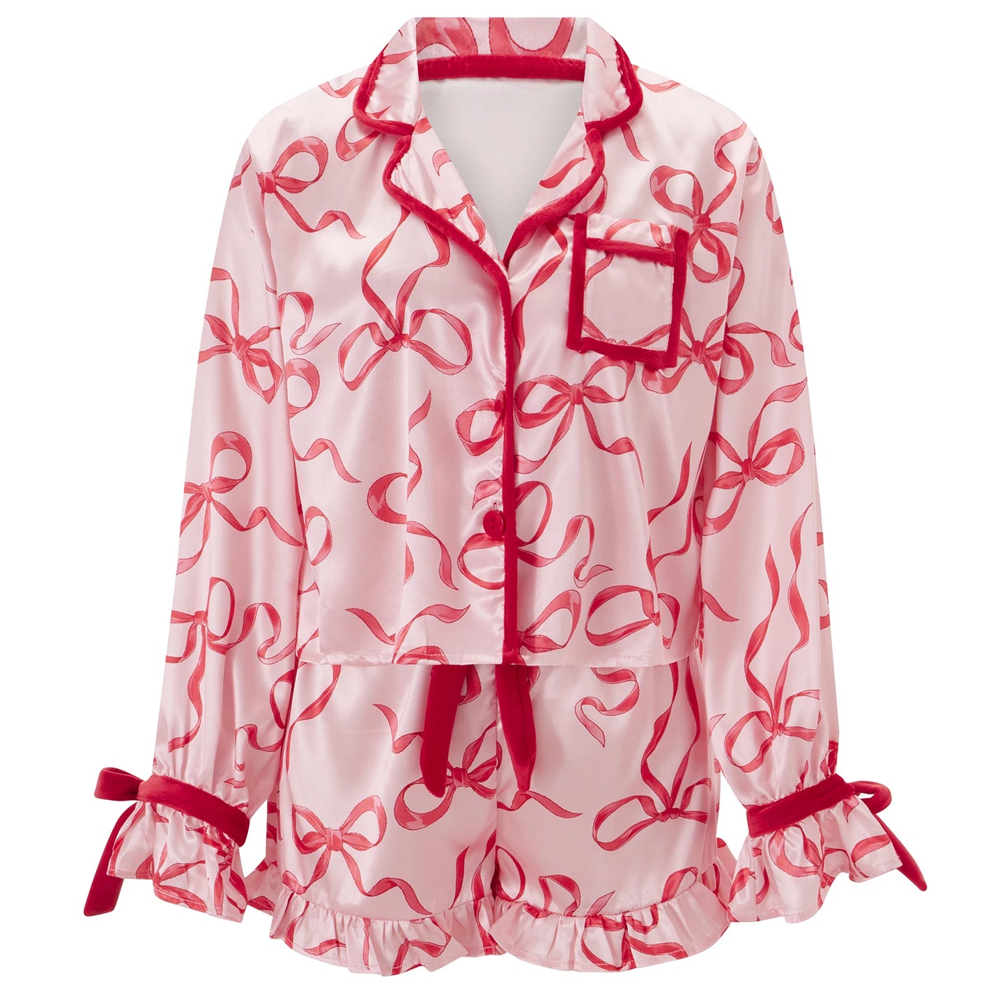 Women 2 Piece Christmas Pajamas Cute Bow Tie Long Sleeve Santa Claus Shirts Ruffles Boxer Shorts Satin Silk Xmas Pjs Sets