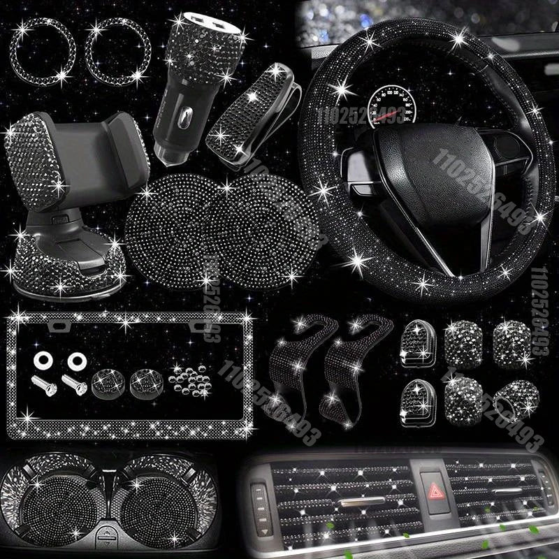 Car Accessories Set 27/4Piece Women Bling Universal Fit Polyester Steering Cover Shiny License Frame Phone Holder Coasters Tools