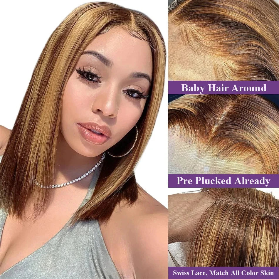 4/27 Highlight Bob Wigs Piano Colored Straight 13x4 Lace Frontal Human Hair Wig For Women HD Transparent Full Lace Bob Wigs