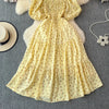 2024 New Summer Flower Print Long Dress Women Vintage Square Neck Ruched Chest Sash Bandage Sundress Party Vestidos