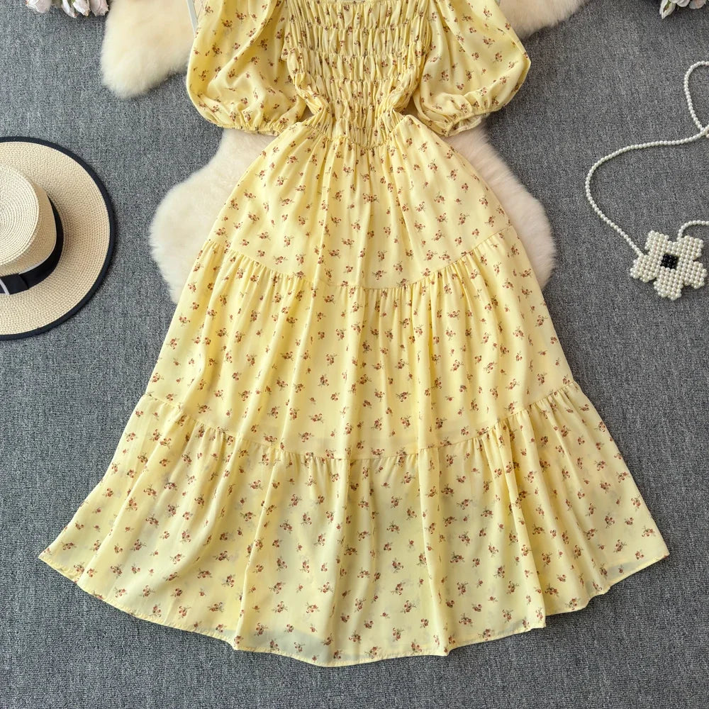2024 New Summer Flower Print Long Dress Women Vintage Square Neck Ruched Chest Sash Bandage Sundress Party Vestidos