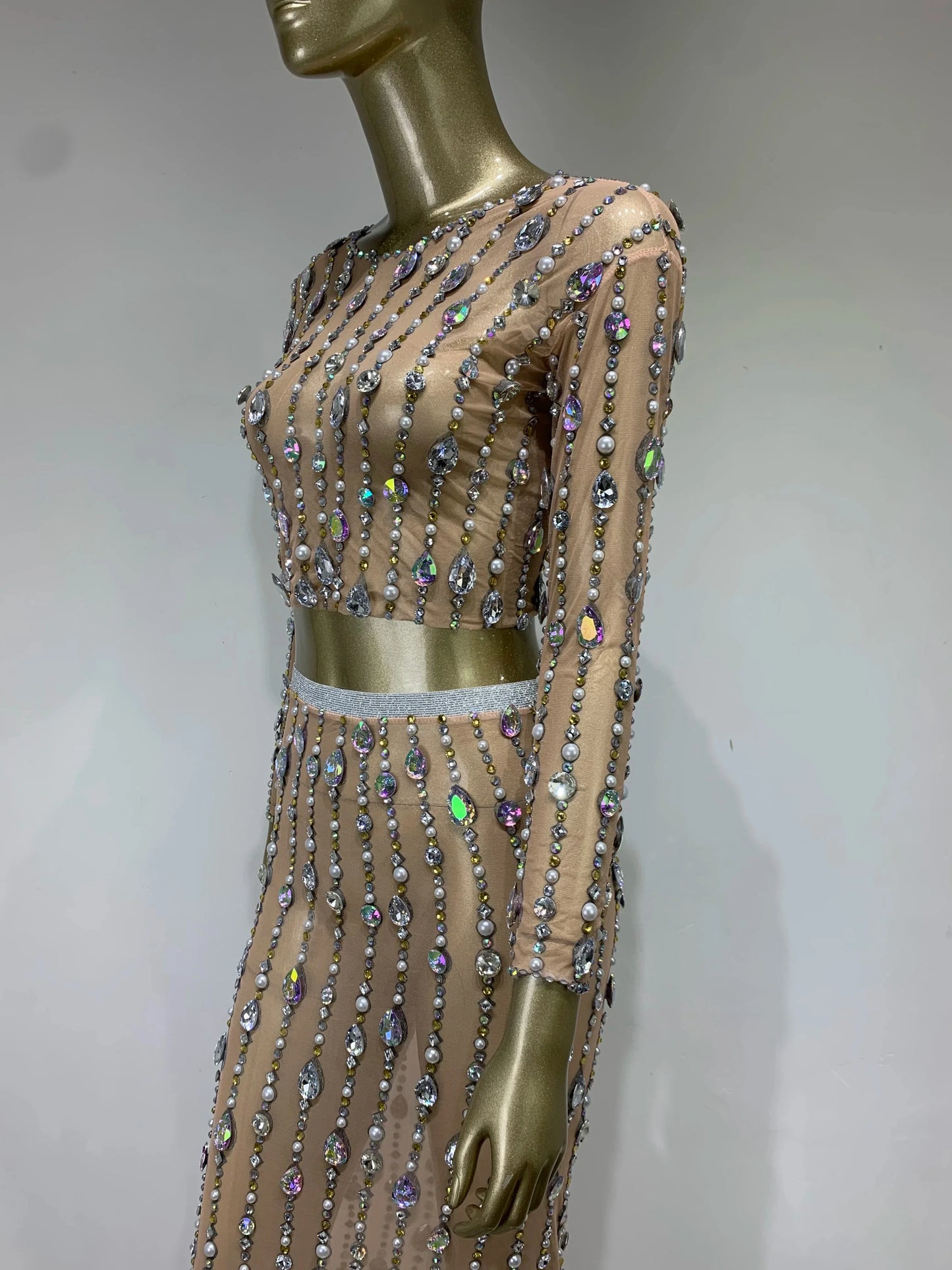 Festival Outfit Women High End Fashion Nude Color Rhinestone Mesh Long Sleeve O Neck Crop Top and Long Skirts Gala Two Piece Set