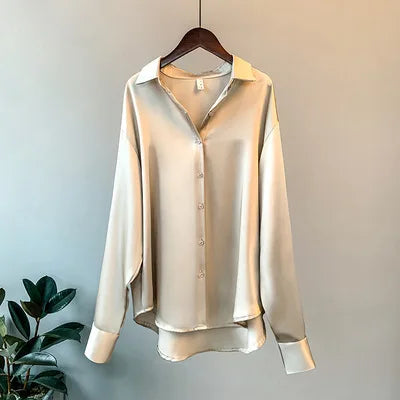 1pcs Woman Spring Autumn Satin Shirt Lady Long Sleeve Lapel Blouses Cardigans Elegance Sweet Casual Coats Girl Sunscreen Top