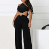 Beyprern Women's Open Back Cutout Jumpsuits With Snake Tirm Sexy Rompers Summer Lace-Back Bandage Wide Legs Jumpsuits Overalls