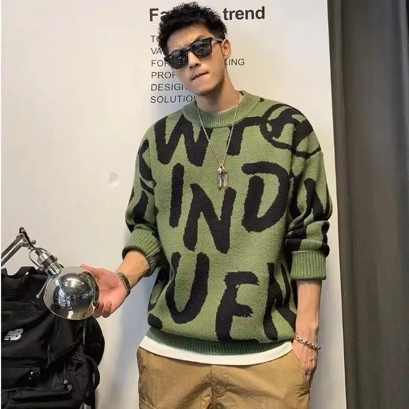 Pullover Man Letter Green Knitted Sweaters for Men Crewneck Loose Knitwear Round Collar Clothing Deals 2024 Fit Cheap Woven Top
