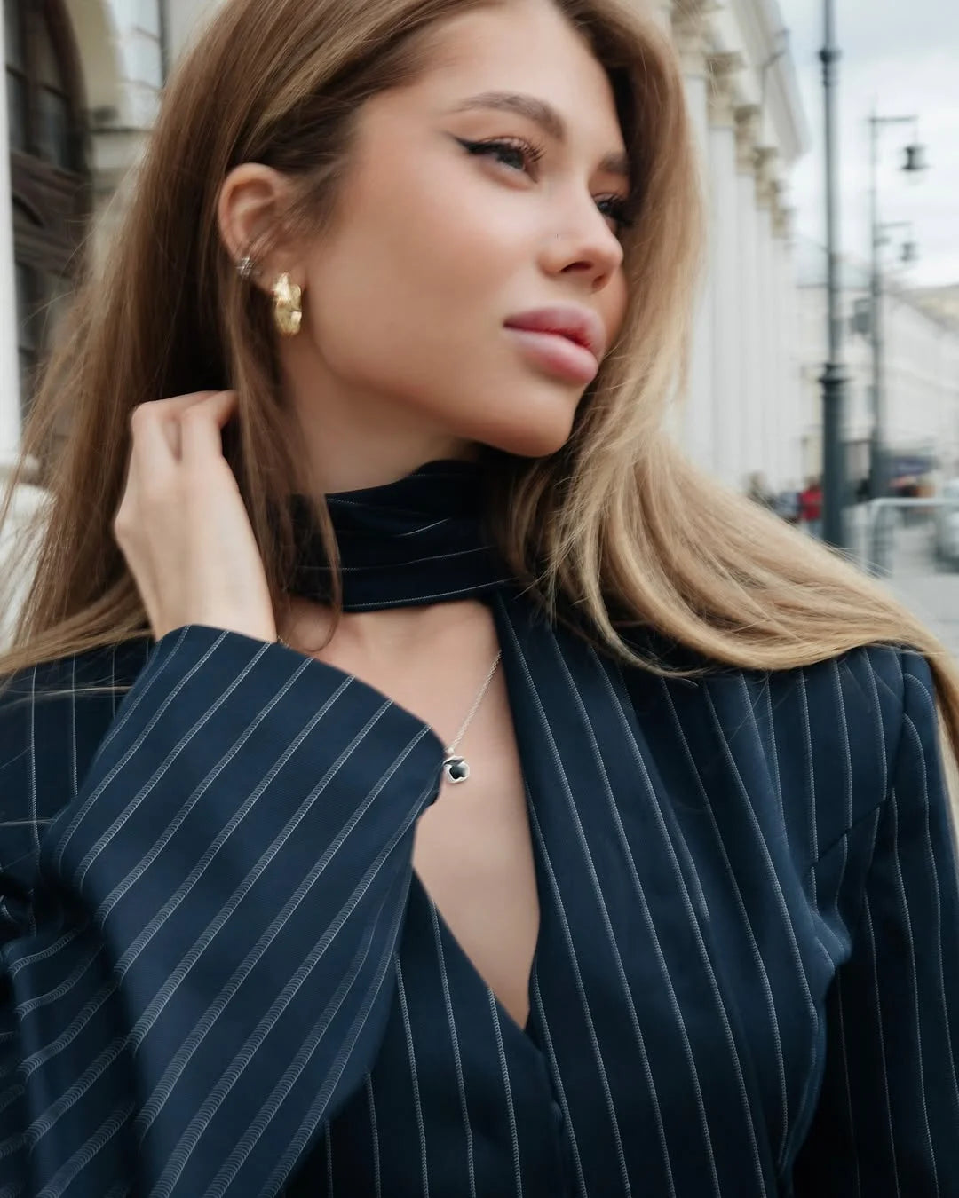 Tossy Elegant Female Striped Suit Coat For Women Scarf Lace-Up Patchwork V-Neck Long Sleeve Luxury Outwear Female Jackets Coat