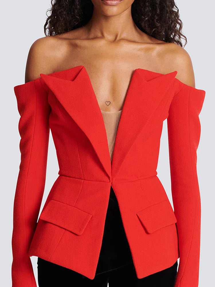 TWOTWINSTYLE Solid Designer Slimming Blazers For Women Slash Neck Long Sleeve Off Shoulder Temperament Coats Female Fashion New