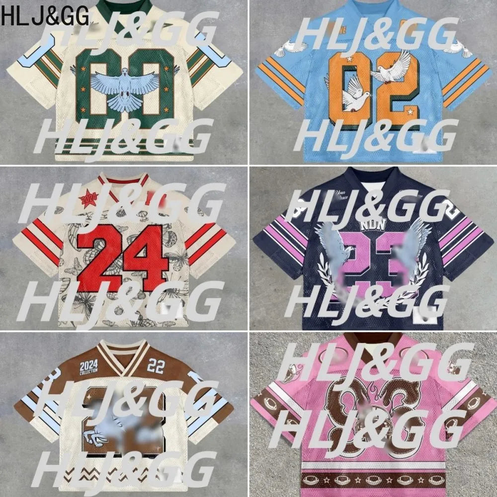 HLJ&GG Spring Summer New Letter Print Mesh Loose Basketaball Tshirts Women V Neck Short Sleeve Tops Fashion Pullover Streetwear