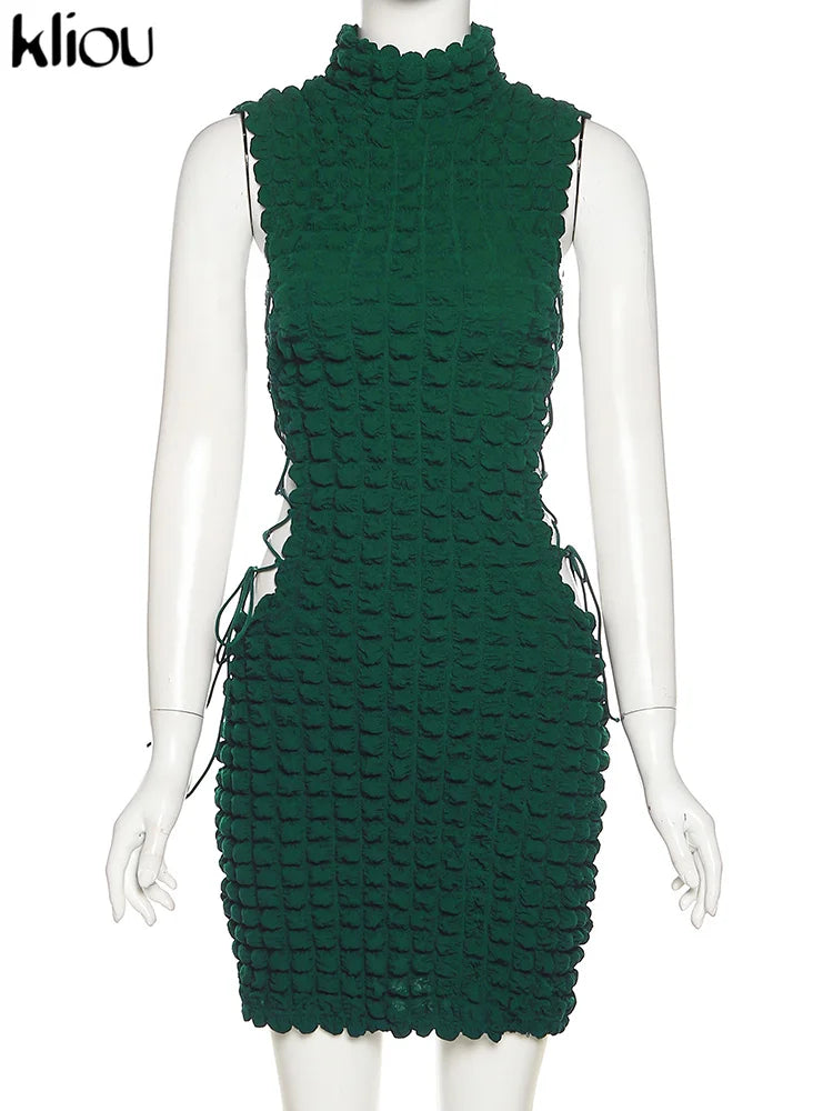 Kliou Stunning Stacked Mini Dress Women Sexy Solid Mock Neck Sleeveless Draw String Bodycon Party Clubwear Elegant Female Skirt
