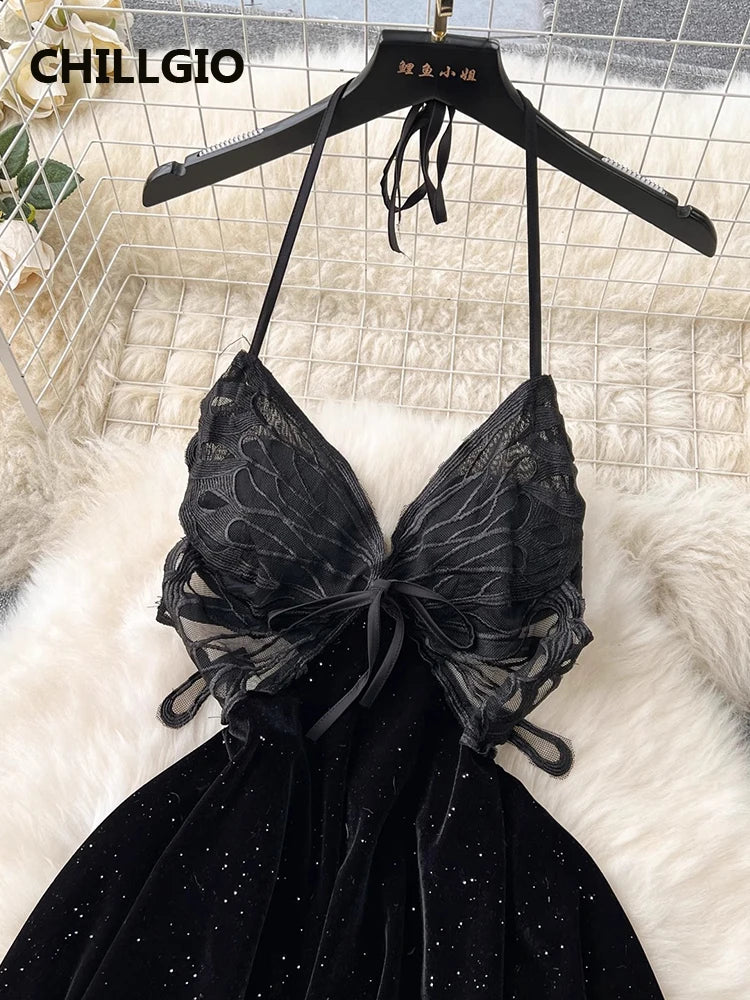 CHILLGIO Women Butterfly Velour Glitter Spaghetti Strap Sexy Fashion Backless Nightie Erotic Irregular A Line Pajamas Sundress