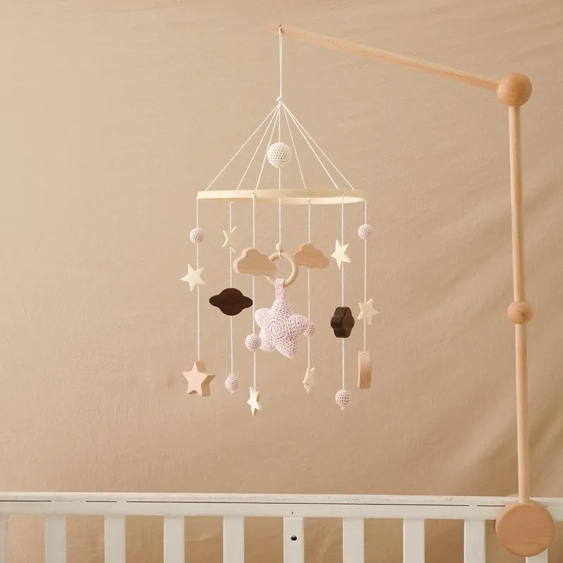 Baby Crib Mobile Bed Bell Rattle Toys Wooden Crochet Stars Pendant Bed Bell Toys Newborn Comfort Crib Bracket Hanging Toys Gifts