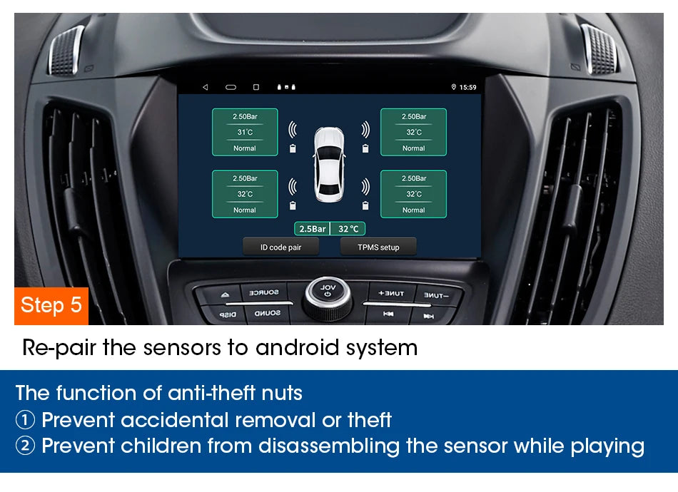 JMCQ USB Android TPMS Tire Pressure Monitoring System Display Alarm System Internal External 5 Sensors For Car Navigation Radio