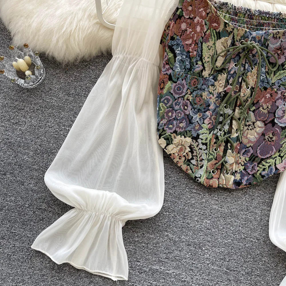 YuooMuoo Women Tops 2025 Spring Retro Y2K Rose Flower Print Long Sleeve Gothic Shirts Fashion Irregular Bandage Party Blouses