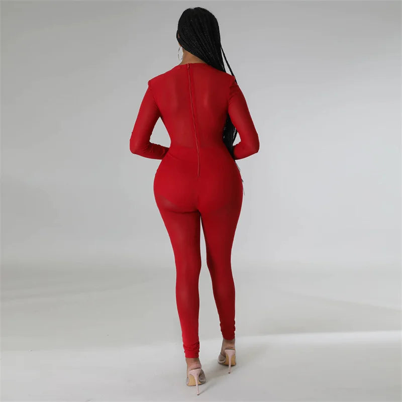 Sexy Mesh Patchwork Sheer Night Club Bodycon Jumpsuit for Women See Through One Piece Rompers Clubwear Party Birthday Outfits