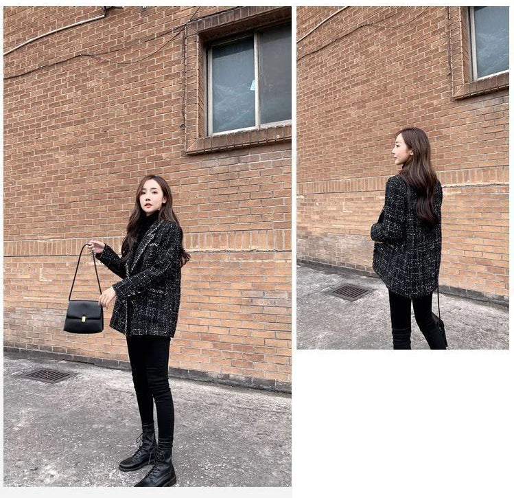 Tweed Plaid Suit Jacket Women Outwear Loose Mid-Length Double-Breasted Casual Woolen Blazer Top 2024 Spring Autumn New Chic Suit