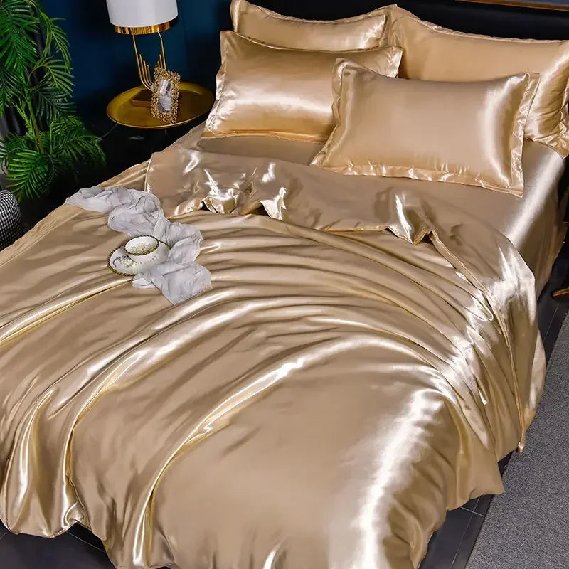 Nordic Satin Silk Bedding Set with Duvet Cover Bed Sheet Pillowcases Luxury Solid Single Double Couple Pillow Case Bedsheet