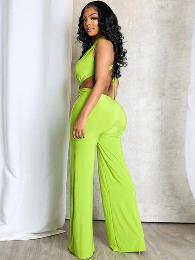 Beyprern Women's Open Back Cutout Jumpsuits With Snake Tirm Sexy Rompers Summer Lace-Back Bandage Wide Legs Jumpsuits Overalls