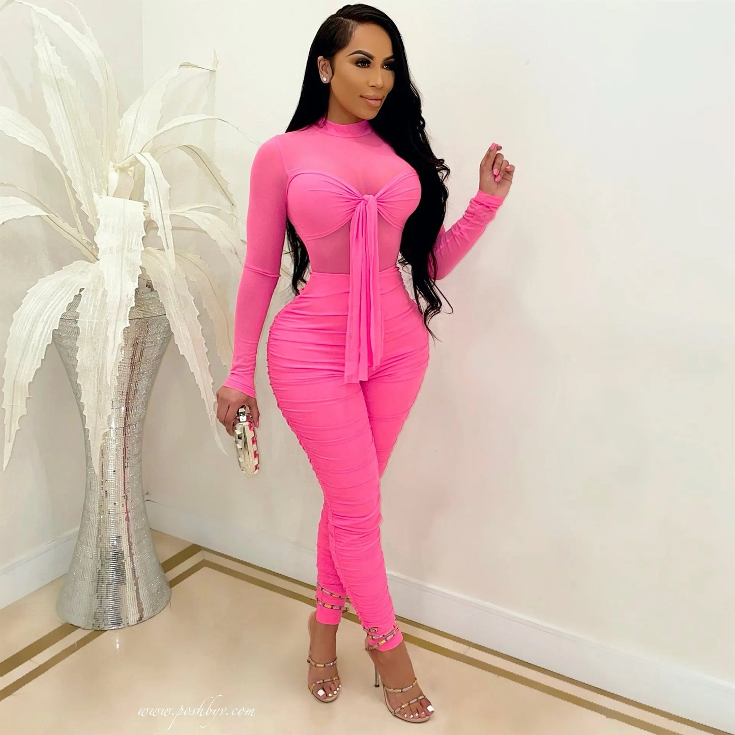 Sexy Mesh Patchwork Jumpsuits for Women Elegant Long Sleeve Bandage One Piece Party Long Bodysuit