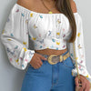 Women Sexy Off Shoulder Printing Blouses Chic and Elegant Lantern Long Sleeve Lace Up Bow Cropped Tops Casual Slim Shirts 2023