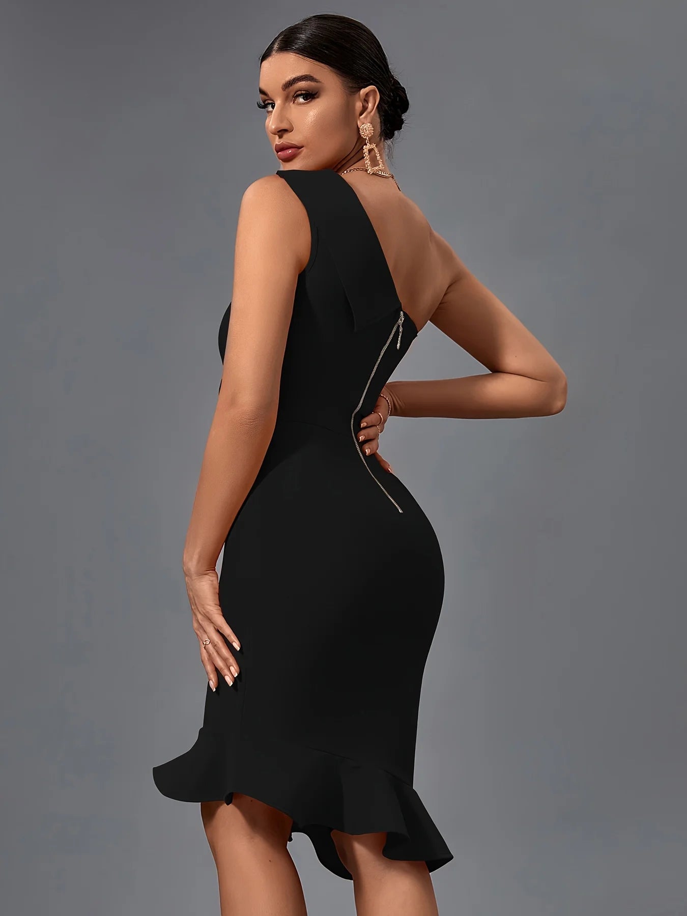 Mermaid Midi Bandage Dress Women Black Bodycon Dress Evening Party Elegant Sexy One Shoulder Birthday Club Outfit 2023 Summer