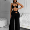 Wishyear Sexy Black Women's Halter Bandage Cross Top amd Wide Leg Pants Two 2 Piece Sets Sexy Night Club Party Evening Outfits