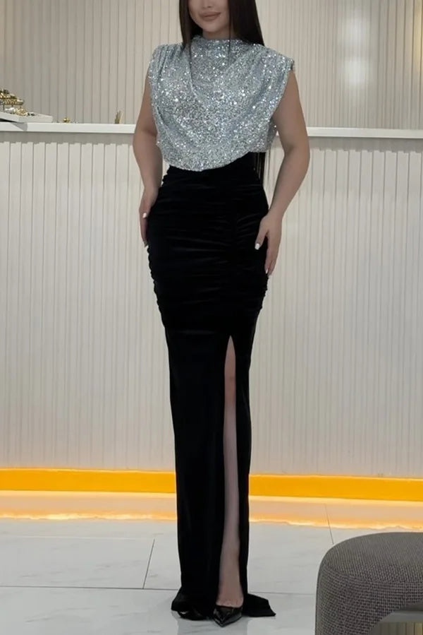 Spring Sequined Patchwork Sleeveless Long Dress Casual Party Draped Split O Neck Sequin Splicing Party Dress 2025