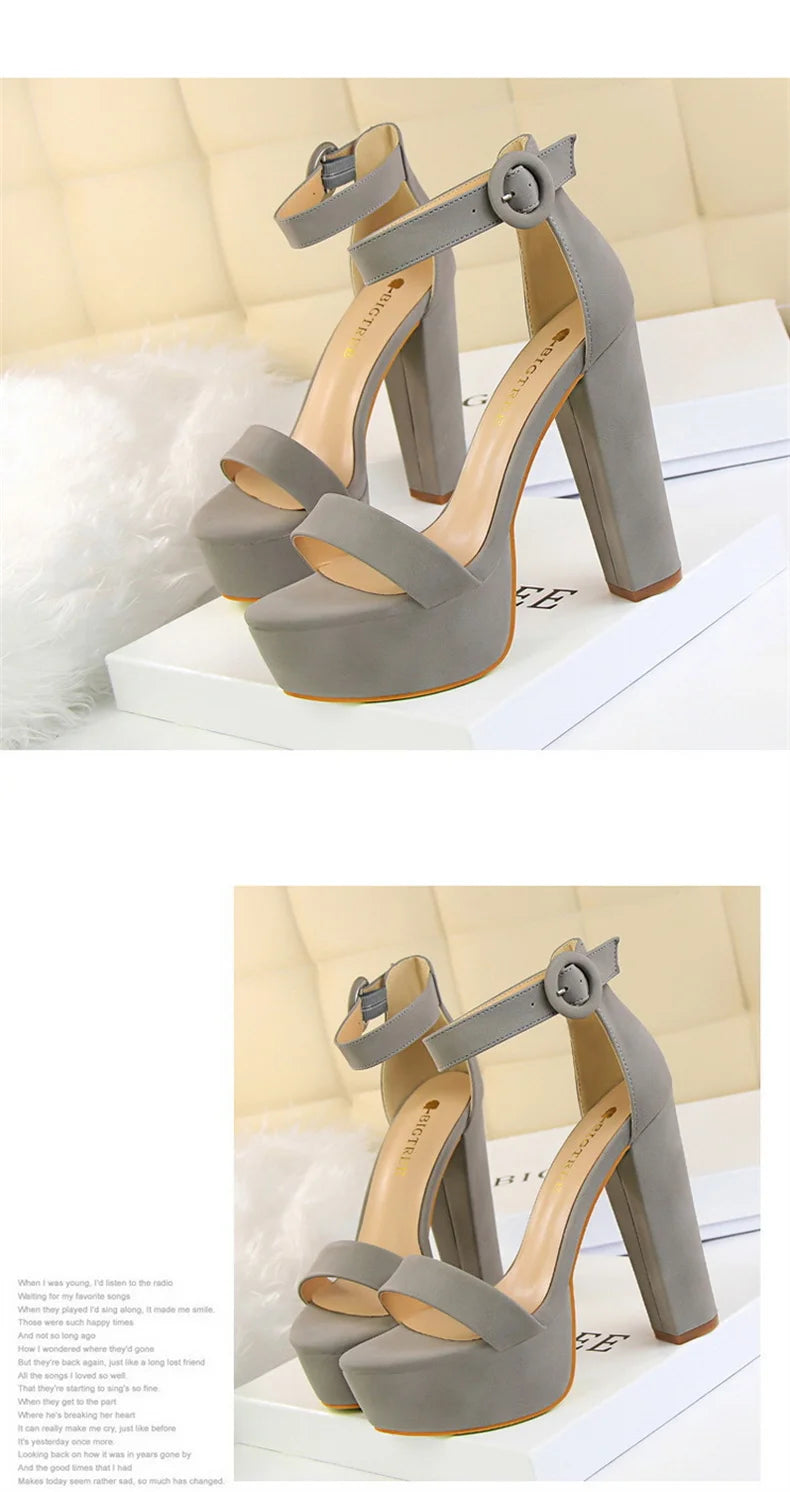 Fashion Women Pumps Sandals Summer Platform Belt Buckle Strap PU Square Heel Outdoor Korean Style Black Open Toe Grace 1550-1