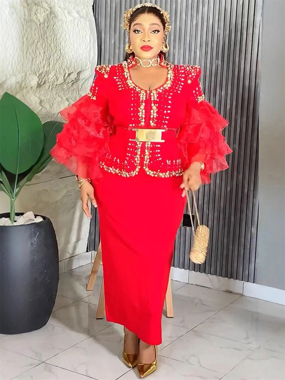 Luxury Vintage Dresses For Women Wedding Party Prom Evening Gown Long Sleeve Dress Dashiki Beaded Robe Turkey African Clothing