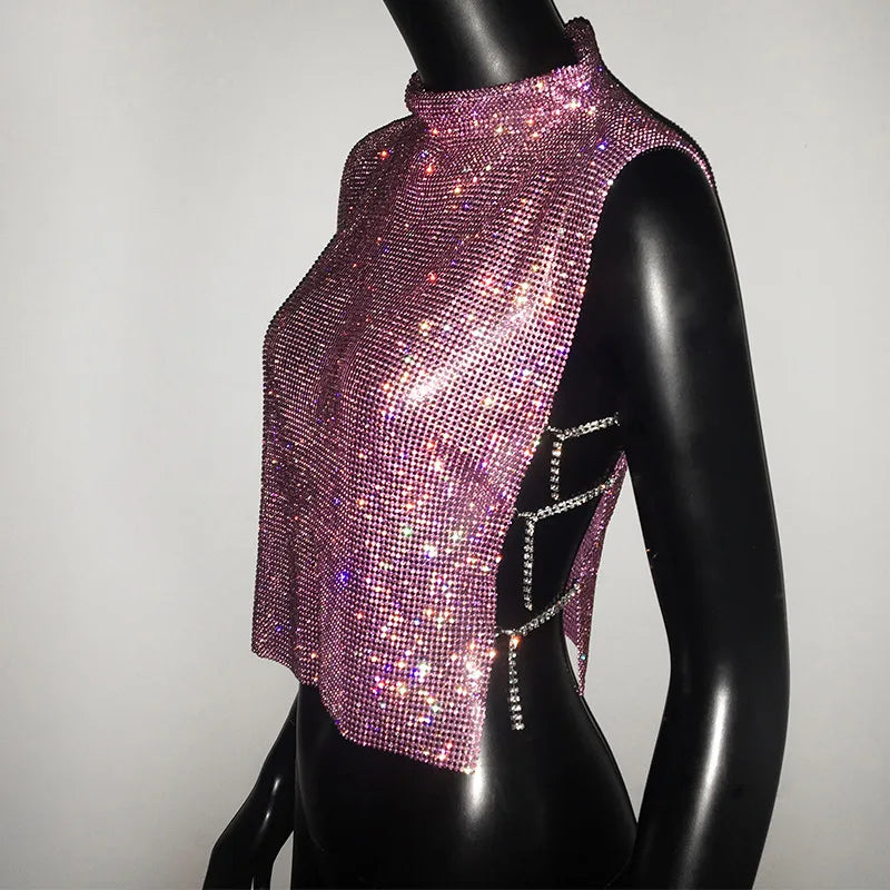 Sexy Rhinestone Backless Party Crop Top Women Glitter Turtleneck TShirt Adjustable Metal Chain Summer Nightculb Diamond Tank Top