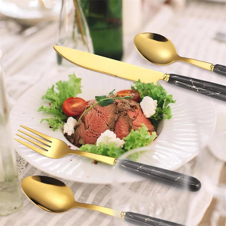 LMETJMA 24 Pcs Flatware Set Stainless Steel Knives Forks Spoons Cutlery Set Service for 6 Kitchen Utensil Tableware Set JT378