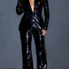 Women Two Piece Sets Sequin Blazer V Neck Full Sleeve Coats Temperament Slim Fit Casual High Waist Wide Leg Long Pants Suits
