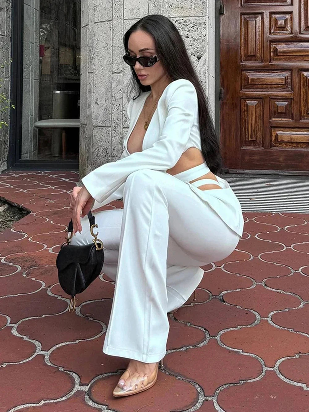 Modphy Red Sexy V-neck Long Sleeve Jacket+High Waist Flare Pants Blazer Set Women'S 2025 New Hollow Out Designer Two-Piece Set