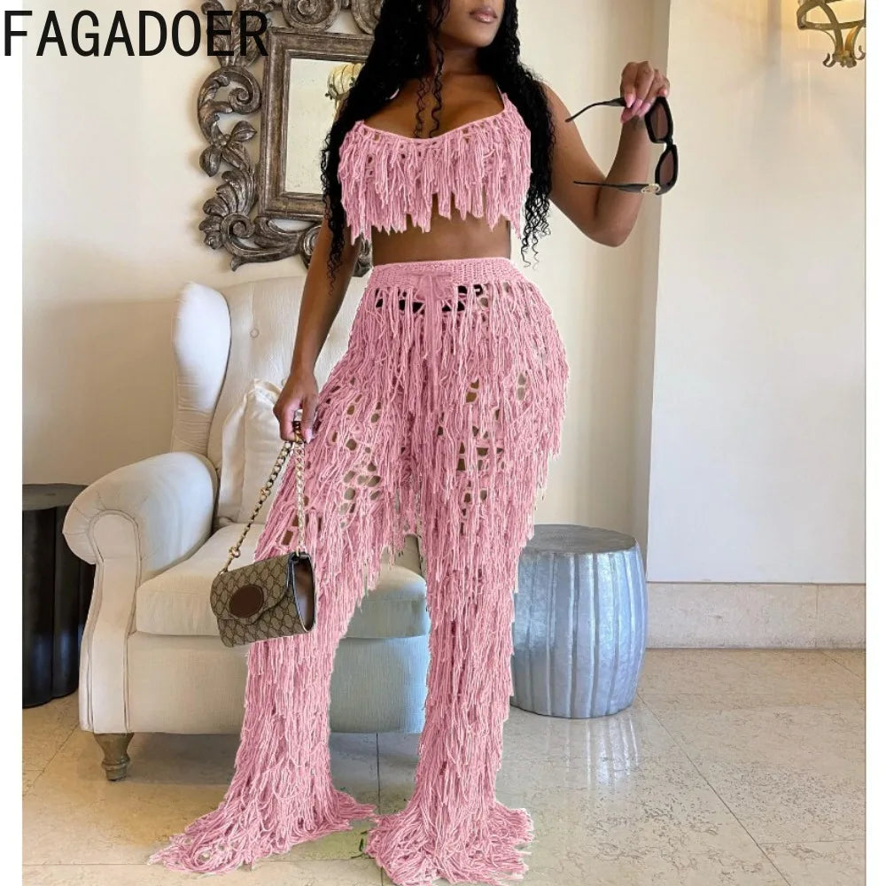 FAGADOER Sexy Hollow Out Tassels Pants Two Piece Sets Women Halter Sleeveless Backless Crop Top + Pants Outfit Female Streetwear