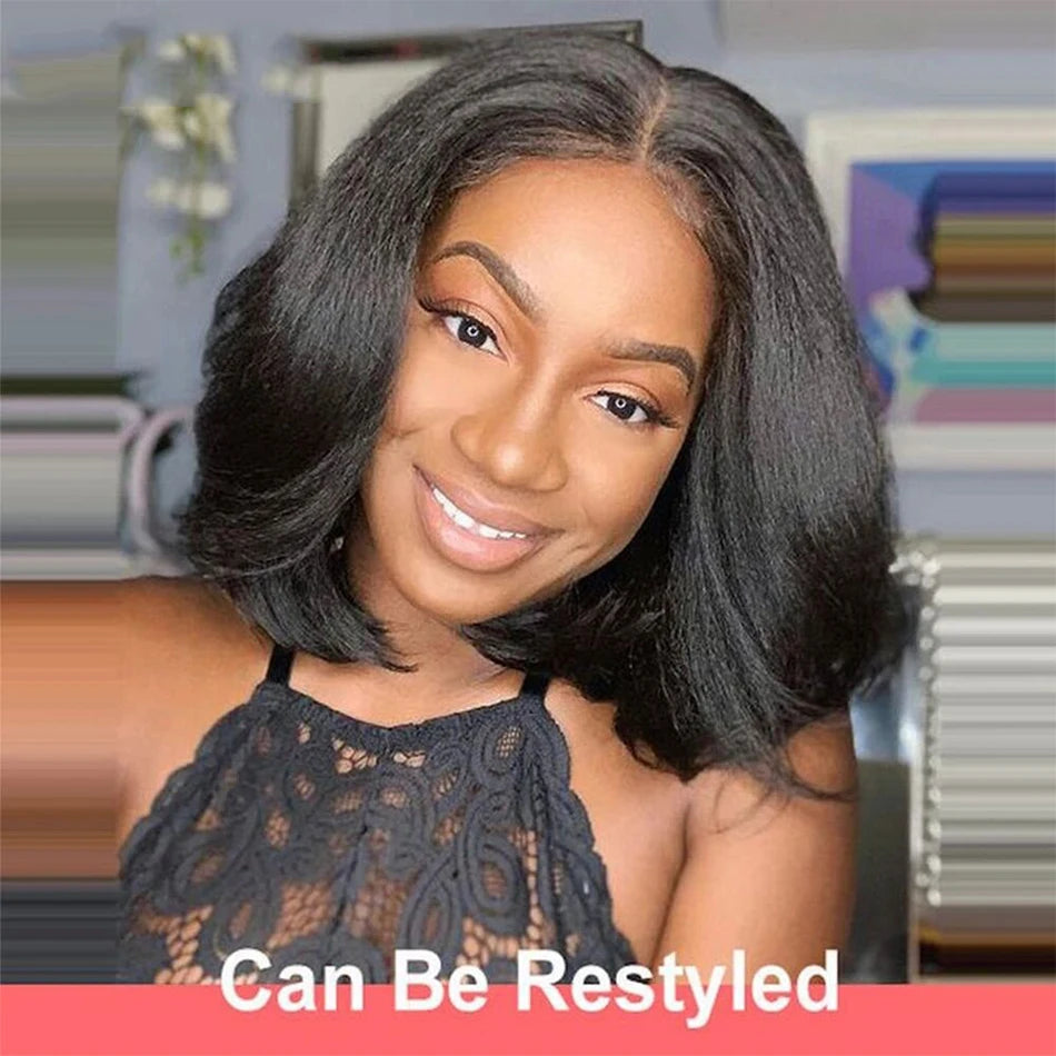 Peruvian Kinky Straight Wig Glueless Short Bob Wigs Human Hair 13X4 Yaki Straight Lace Front Wig Pre Plucked Closure Wig 180%