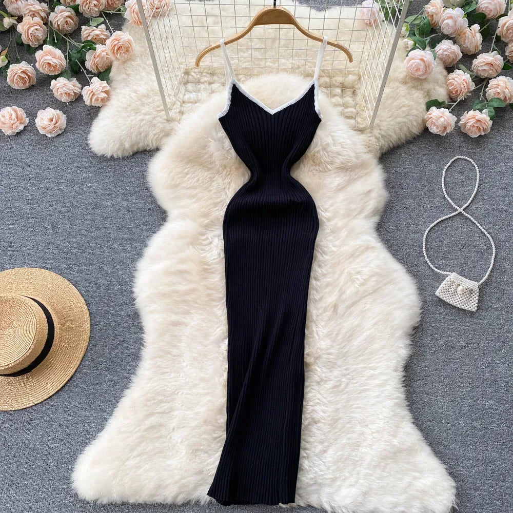 Summer V Neck Knit Sexy Strap Dress Women Elatic Waist Bodycon Sundress Female Beach Backless Maxi Long Dress
