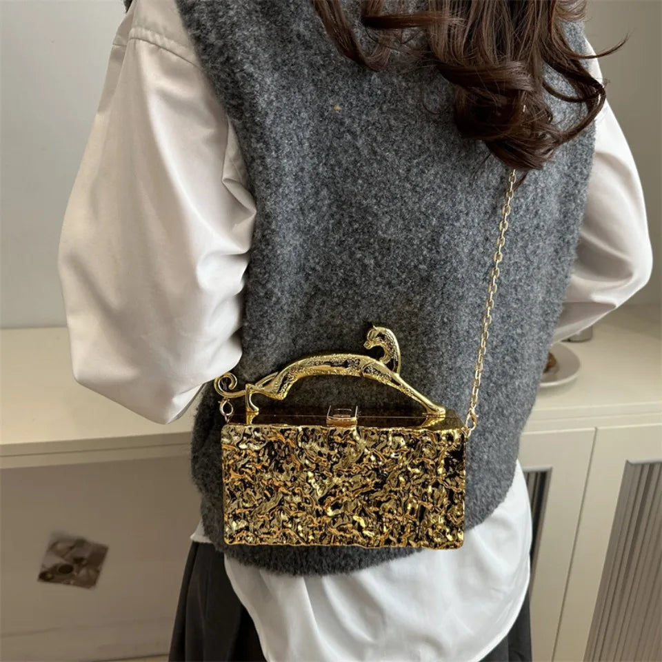 Leopard handle Luxury Gold Silver Party Evening Bag For Women Chain Clutch Handbags And Purses Mini Crossbody Shoulder Phone Bag