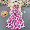 2024 New Summer Korean Fashion Rose Flower Print Romantic Retro Party Dress Elastic High Waist Vacation Long Dress Beach Vestido