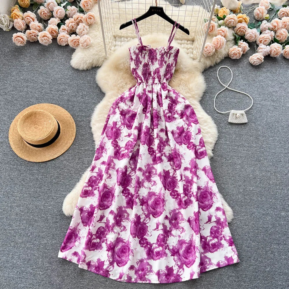 2024 New Summer Korean Fashion Rose Flower Print Romantic Retro Party Dress Elastic High Waist Vacation Long Dress Beach Vestido
