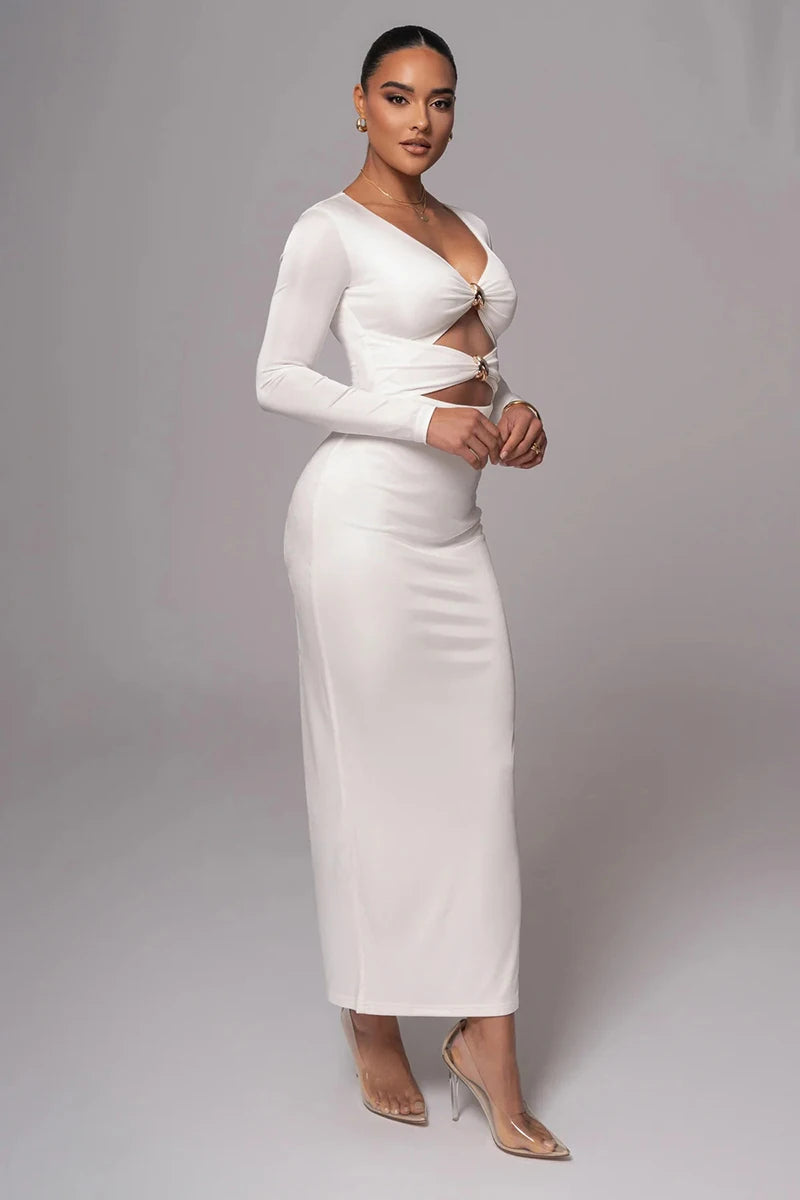 Mozision hollow out long sleeve sexy maxi dress for women fashion solid V neck back split bodycon club long dress elegant