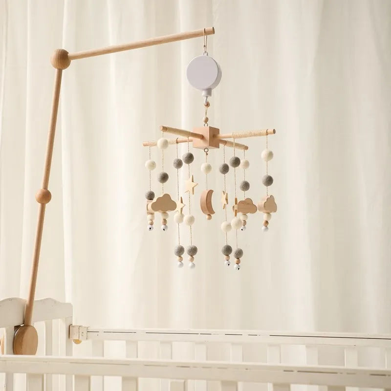 Crib Mobile Bed Bell Wooden Baby Rattles Soft Felt Cartoon Animal Bed Bell Newborn Music Box Hanging Toy Crib Bracket Baby Gifts