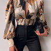 Spring Women Sexy Backless Hollow Print Shirts Tops 2024 Casual Stand Long Sleeve Office Lady Blouses Fashion Party Crop Top
