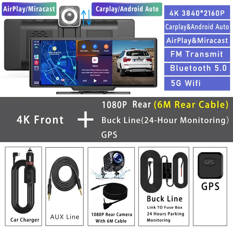 10.26“  Dash Cam 4K 3840*2160P Car Dvr Carplay Android Auto GPS 5G WIFI  Stream RearView Mirror Dashcam Camera Drive Recorder FM