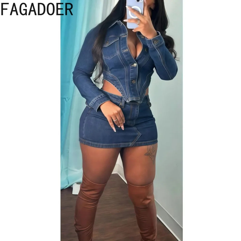 FAGADOER Fashion Denim Two Piece Set For Women Buttons Pocket Irregular Patchwork Crop Jacket + Skirt Female Streetwear Clothing