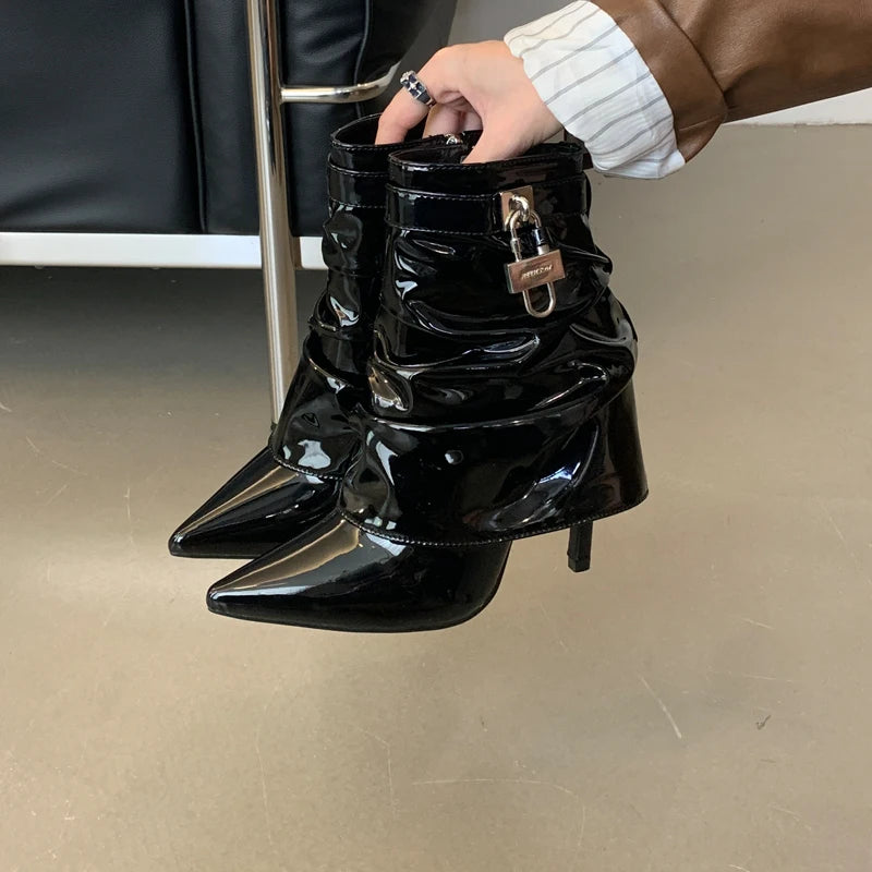 PU Leather Stiletto Womens Ankle Booties High Heel Pointed Toe Pumps Metal Buckle Side Zipper Sexy Fall Winter Shoes Black